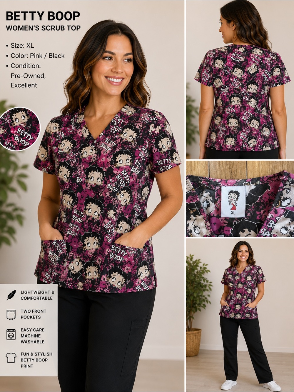 Womans Betty Boop scrub top Pink Graphic Shirt XL vintage
